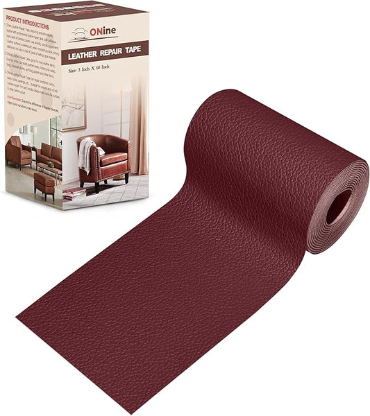 ONine Leather Repair Patch，Leather Repair Tape, 3 x 60 inches Leather Repair Patch for Furniture,Vinyl Repair kit，Leather Couch Patch，for Sofas, Furniture, car SeatsWine red-Litchi Grain