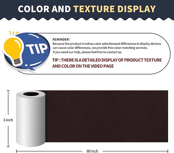 ONine Leather Repair Patch，Leather Repair Tape, 3 x 60 inches Leather Repair Patch for Furniture,Vinyl Repair Kit，Leather Couch Patch，for Sofas, Furniture, Car Seats, Office Chairs(Dark Reddish Brown)