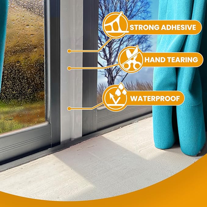 White Window Weather Sealing Tape,Window Draft Isolation Sealing Film Tape,Window AC Seal Air Conditioner Sealing Tape No Residue, Self Adhesive for Keep Out Cold Air Dust Rain, Waterproof