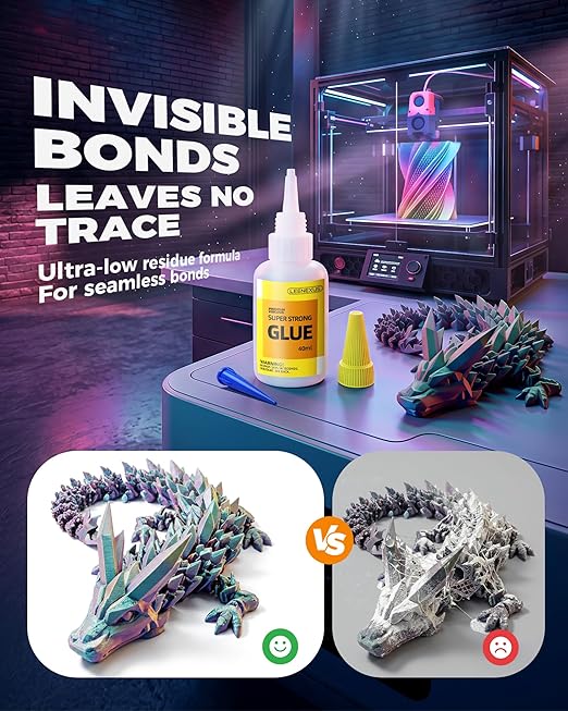 Super Glue for Plastic, PLA, ABS, PETG, PC, ASA, Acrylic, PVC, Fast Drying Clear Gel CA Adhesive for 3D Prints, Model Kits, RC Parts & Repairs with 6 Precision Tips, 40ml