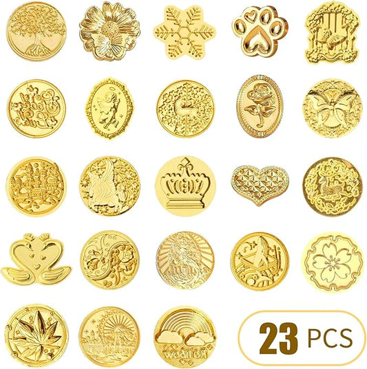 BATHRINS Wax Seal Stamp Kit-23Pcs Sealing Stamp Heads,Wooden Handle,Metal Seal Mold,Silicone Mat,Color Pen for Party Wedding Invitation Cards Envelopes Gift Wrapping Letter