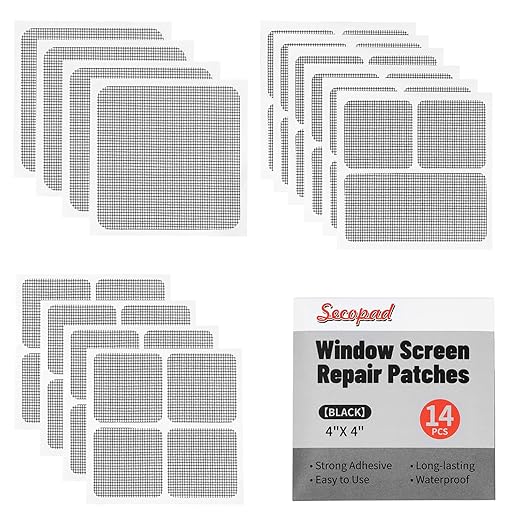 Secopad 14 Sheets Window Screen Patches Repair Kit, Black 3 Sizes Window Screen Repair Kit for Mesh Screen Door, Strong Adhesive Fiberglass Quick Screen Repair Tape