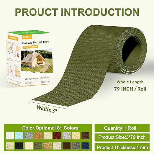 Besezx Canvas Repair Tape,Outdoor Gear Patch, 3x79 Inches,Waterproof Self-Adhesive Fabric Repair Tape for Repairing Boat Covers,Sun Shades,Sofas,Tents,Lounge Chairs,Awnings (Army Green)