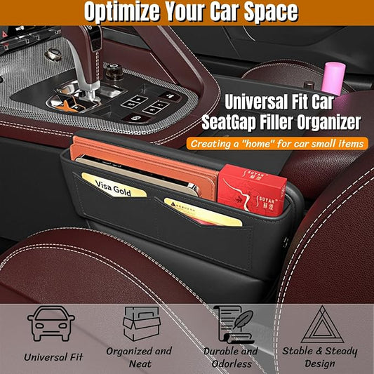 BLIRITEL Car Seat Gap Filler Organizer with Charging Hole, PU Leather Car Seat Gap Plug with Storage Slot, Car Console Side Organizer for Phone, Keys & Cards (Black)