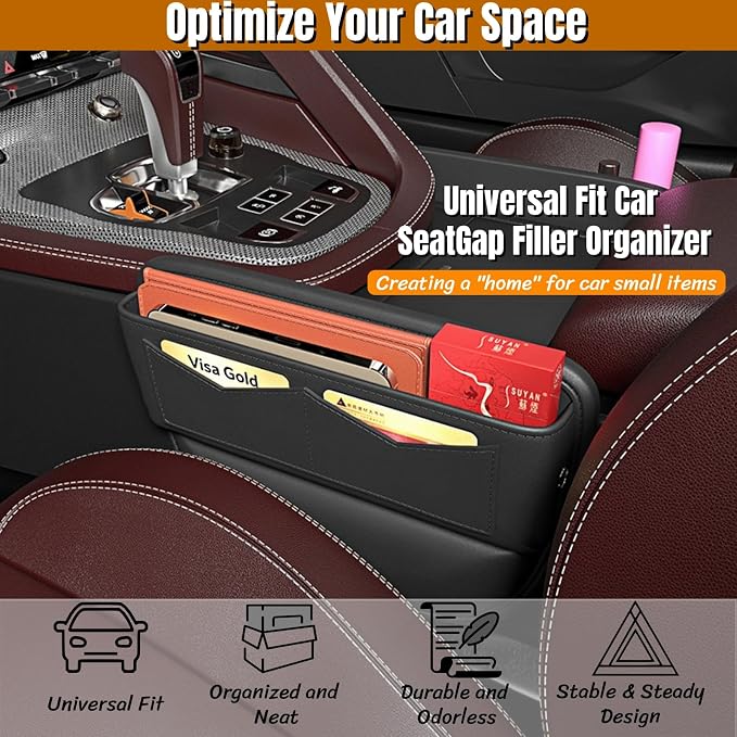 BLIRITEL Car Seat Gap Filler Organizer with Charging Hole, PU Leather Car Seat Gap Plug with Storage Slot, Car Console Side Organizer for Phone, Keys & Cards (Brown)