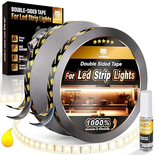 PHIXBEAR 2 Rolls Heavy Duty Double Sided Tape for Led Strip Lights, Automotive Trim, Garage, Home Decor, Indoor & Outdoor, 40Ft x 1/4" Heat Resistant Waterproof Super Strong Adhesive Mounting Tape