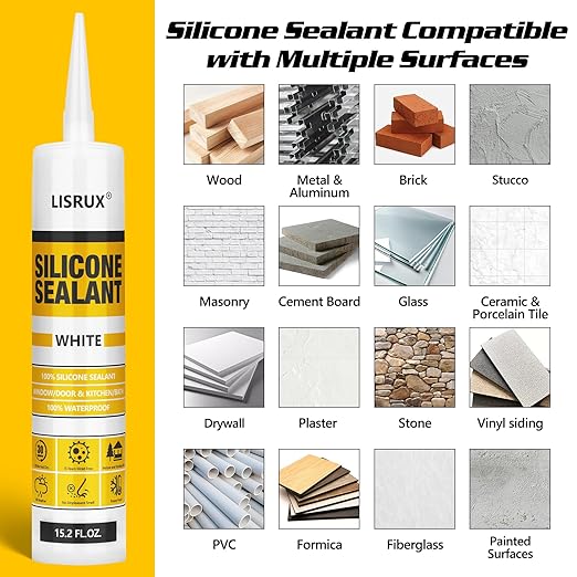 LISRUX Advanced Silicone Caulk for Window & Door, White, 15.2 fl oz Cartridge, 1 Pack - 100% Waterproof Silicone Sealant Indoor Outdoor Caulking, UV Resistant, Stronger Adhesion, Shrink & Crack Proof