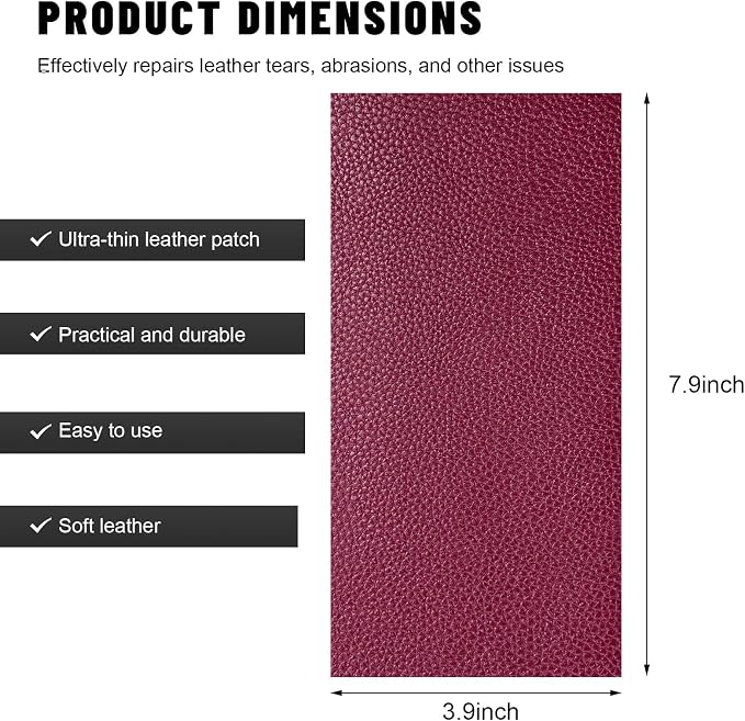 2 PCS Leather Repair Patch Tape, 4×8 Inch Waterproof PU Leather Tape Auto Upholstery Repair Patches, Self-Adhesive Cuttable Patch for Repairing Car Seats Sofas Chairs (Wine Red)