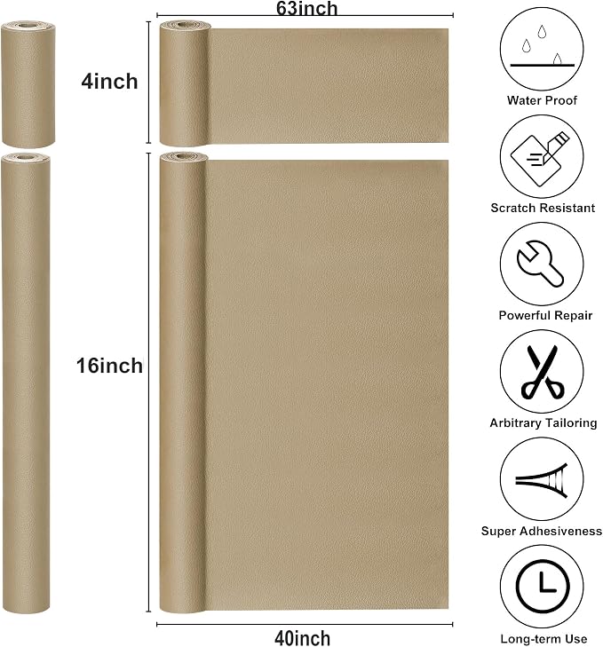 YAFLC Leather Repair Patch for Furniture, 40" x 16" Self Adhesive Leather Repair Kit Vinyl Repair Tape for Car Seat Sofa Jackets Couches Chair Medium Beige