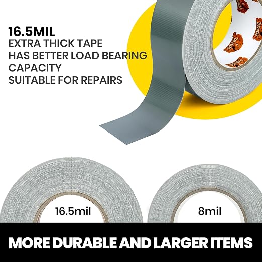 TAPEBEAR 16.5mil Thick Silver Duct Tape Heavy Duty 1.88" x 105FT, Strong Tough Utility Ducting Tape Waterproof, No Residue, Flexible, Hand Tear Binding Tape for Bundle, Patch, Protect & Repair