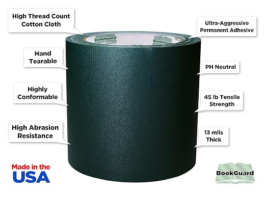 BookGuard 4 inch Premium Bookbinding Repair Cloth Tape, 15 Yard Roll, Forest Green