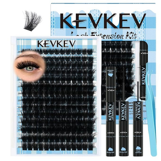 KEVKEV Lash Extension Kit 182pcs Volume Lash Clusters 200D Lash Clusters Kit 10-18mm Individual Lashes Kit With Lash Bond And Seal,Lash Tweezers Thick Lash Extension Kit DIY At Home(0.05D,200DD)
