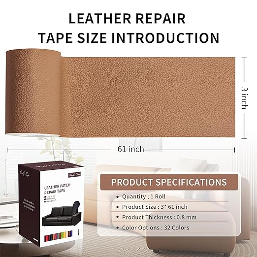 Leather Repair Patch Tape, Light Brown 3 x 61 Inches Self Adhesive Leather Repair Kit for Furniture, Car Seat,Vinyl Leather Repair Kit for Office Chairs, Couch,Sofa, Luggage