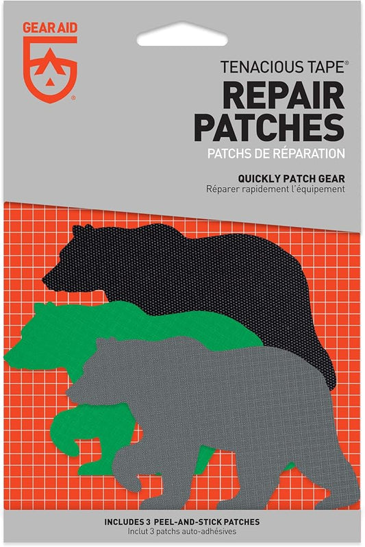 GEAR AID Tenacious Tape Repair Patches – Peel-and-Stick Nylon Gear Patches for Jackets, Tents, Sleeping Bags, Backpacks, and Outdoor Gear – Fix Rips, Tears, and Holes, 3 Patches, Bear