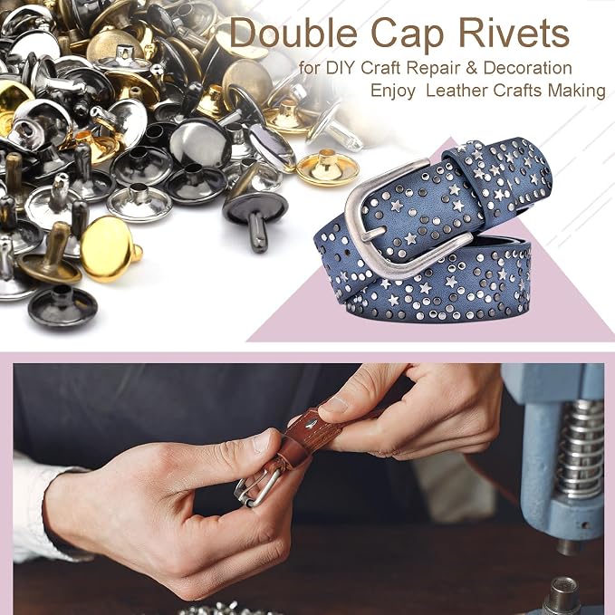 CooBigo 400Sets Rivets for Leather, 12mm Double Round Cap Rivets, Leather Rivets Tubular Studs Spike for Purse Strap Key Rings Clothing Fabric Pets Collar Repair Hardware (4 Color)