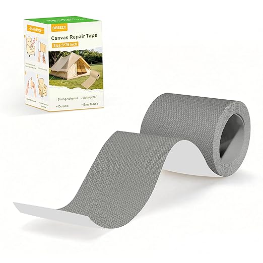 Besezx Canvas Repair Tape,Outdoor Gear Patch, 3x79 Inches,Waterproof Self-Adhesive Fabric Repair Tape for Repairing Boat Covers,Sun Shades,Sofas,Tents,Lounge Chairs,Awnings (Grey)