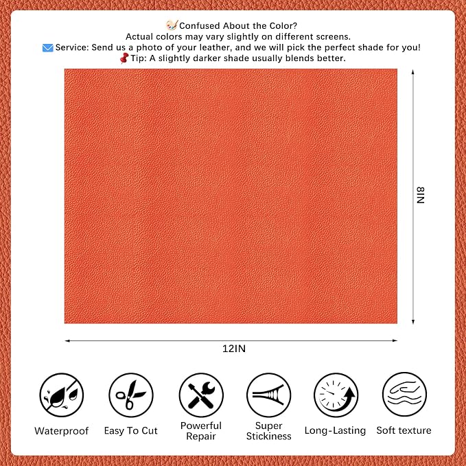 2 Pcs Orange Leather Repair Tape, 8x12 Inch Leather Repair Patch Self-Adhesive, Waterproof Faux Leather Patch, Vinyl Repair Tape for Couch, Sofas, Furniture, Office Chair, Car Seats