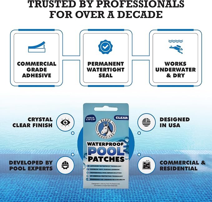 Burro Adhesives 10-Pack Waterproof Clear Pool Tape Patches - Professional Grade PVC Repair Kit with 2.75" x 4" Heavy Duty Patches for Commercial & Residential Vinyl Pools, Works Underwater & Dry