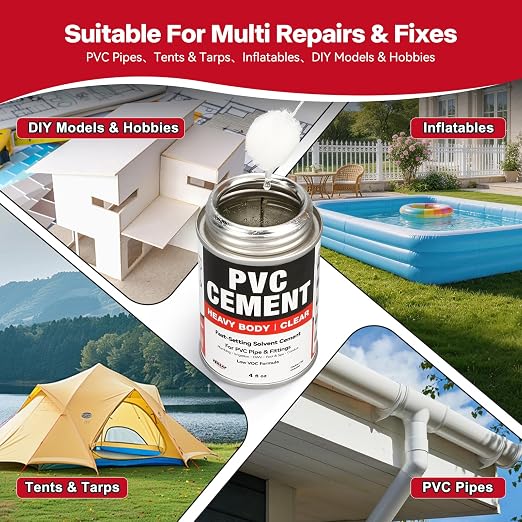 VERSAF PVC Cement, Heavy Duty Fast-Setting Solvent Weld Glue for PVC Pipe, Plumbing, Irrigation & Vinyl Repair, Waterproof Clear Finish, 4 fl oz