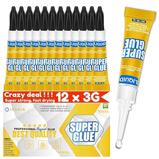 Super Glue Liquid Clear, 12 X 3g All Purpose Strong Adhesive Ca Glue Cyanoacrylate Quick Dry Instant Glue for Plastic, Metal, Ceramic, Shoe, Wood, Leather, Model, Rhinestone, Jewelry and DIY Crafts