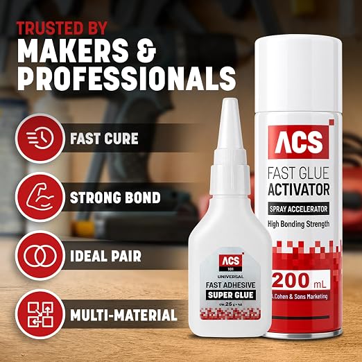 ACS Universal Super Glue & Activator Set - 1.76oz Activator + 6.76oz Thick Adhesive - Premium Spray Accelerator Bundle for Woodworking, Plastic, Crafts, Leather