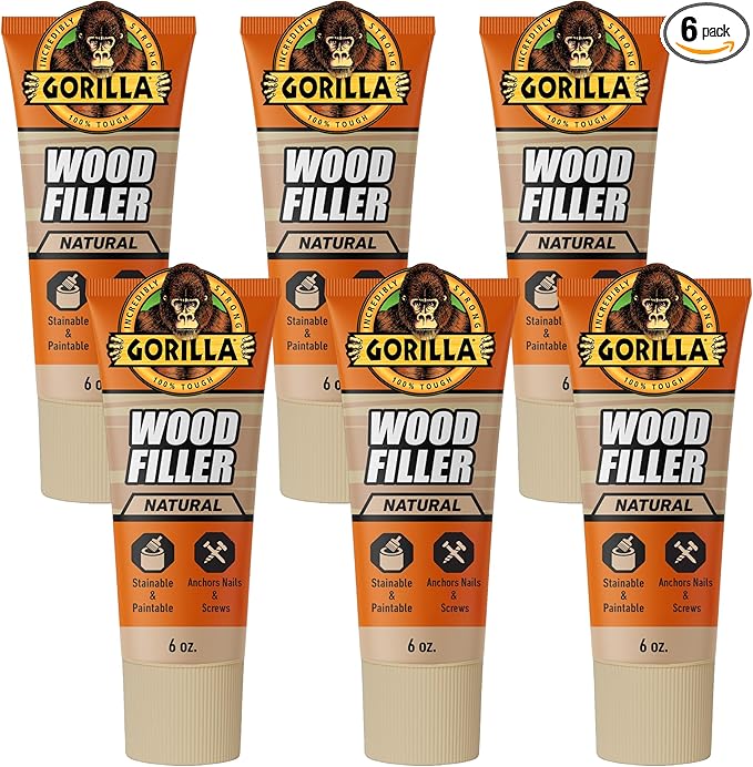 Gorilla All Purpose Wood Filler, Natural Color, 6 Ounce Tube (Pack of 6) - Water Resistant for Indoor or Outdoor Projects and Repairs