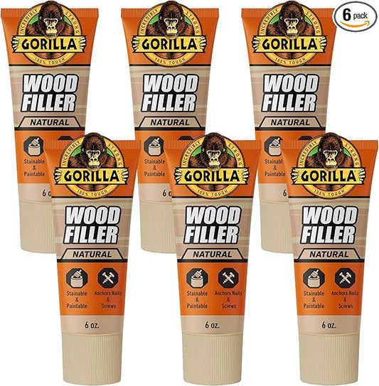 Gorilla All Purpose Wood Filler, Natural Color, 6 Ounce Tube (Pack of 6) - Water Resistant for Indoor or Outdoor Projects and Repairs