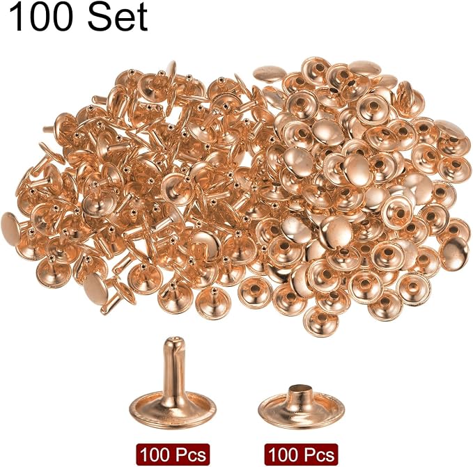 HARFINGTON 100 Sets Leather Rivets 12 x 12mm Metal Double Cap Rivet Snaps Studs Fasteners with 3pcs Setting Tools for Leather Craft DIY Repair Decoration, Light Gold Tone
