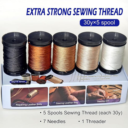 Extra Strong Upholstery Repair Sewing Thread Kit and Heavy Duty Household Hand Needles, Including 5 Rolls Nylon Thread,7 Styles of Leather Canvas Sewing Needles and 1 Needle Threader