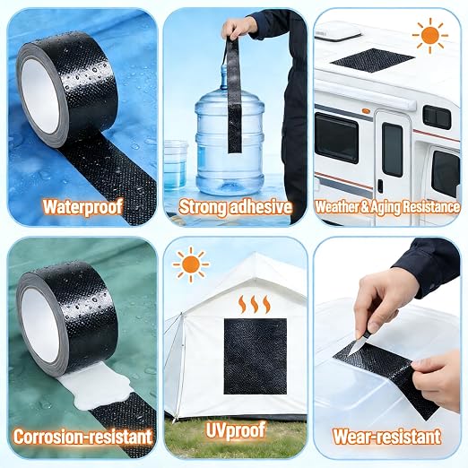 Waterproof Repair Tape, UV Resistant Fabric Patch for Outdoor Use, Suitable for RV Roof, Awning, Tent, Tarp, Boat Cover, Nylon, Leather, Black, 3 Inch x 30FT