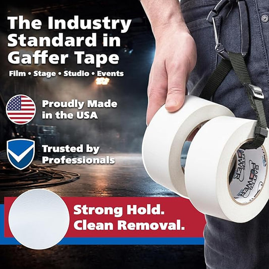 White Gaffer Tape 2 Inch x 30 Yards, Pro Grade Made in USA, Residue-Free Removal, Matte Non Reflective Cloth Tape, Writable Surface for Cable Labeling, Floor Tape for Stage & Studio