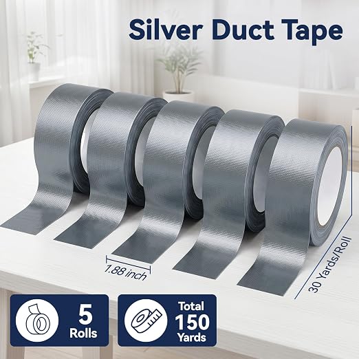 Duct Tape Heavy Duty, 5 Pack, 2 in x 30 Yard, 150YD Total | Duct Tape Heavy Duty Waterproof, Silver Duct Tape for Sealing and Repairs, Strong Adhesive, Tear by Hand