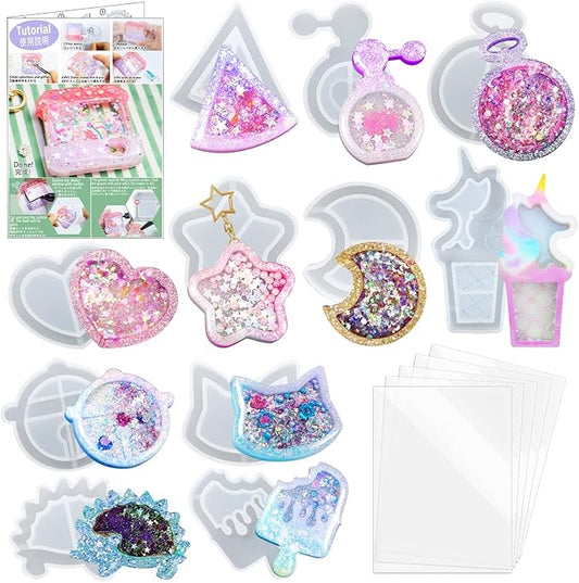 FUNSHOWCASE Resin Shaker Molds Set Charms Pendant Jewelry Making Supplies 11 Trays Bundle with 5 Seal Films and Tutorial Manual