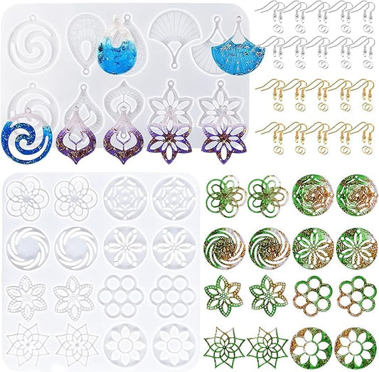 Resin Molds - 13 Pair Earring & Pendant Molds, Teardrop Flower Silicone Mould with Ear Hooks & Jump Rings for DIY Epoxy Resin Jewelry Making