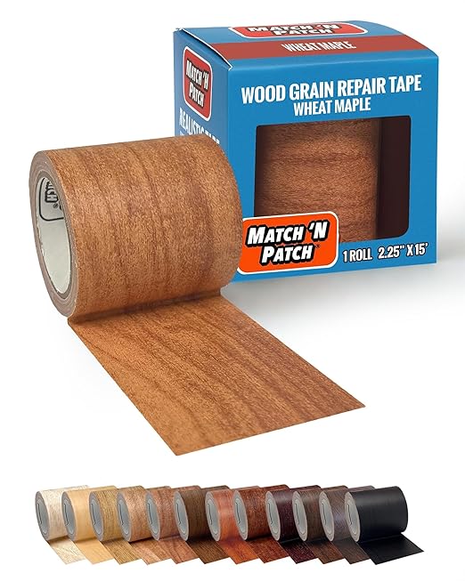 MATCH 'N PATCH Wood Grain Repair Tape - Wheat Maple, 2.25 in x 15 ft (1-Pack) – Wood Grain Colored Duct Tape for Mirror Frame, Trim, Borders, Floor and Other Furniture, Scratch Repair Kit