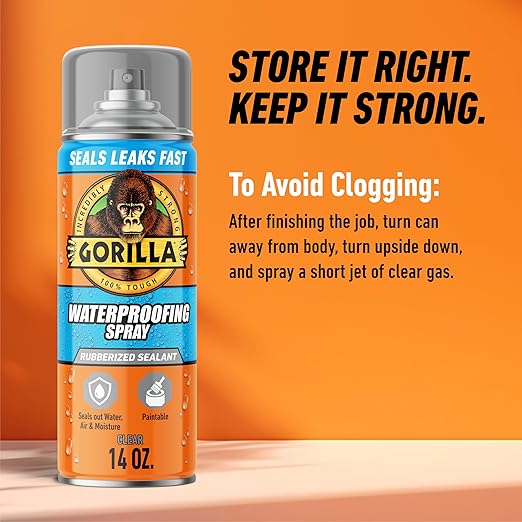Gorilla Waterproofing Spray Clear, Flexible Rubberized Sealant Coating, Paintable UV Resistant, Seals Water Air Moisture, 14 oz (Pack of 2), for Roofs Gutters Skylights RVs Windows & More