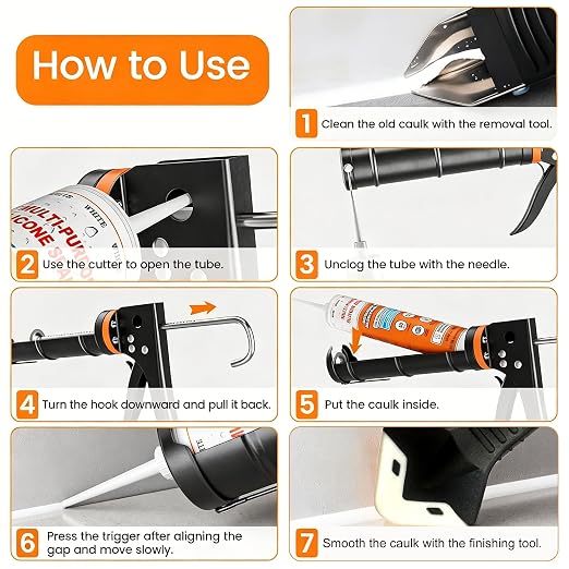 Caulk Gun Kit with Caulk Remover Tool – 3 in 1 Caulking Tool Set for Caulking Removal, Includes Smooth Silicone Caulking Gun, Scraper, Grout Balls, Finishing Tools for Bathroom Kitchen Window Tile