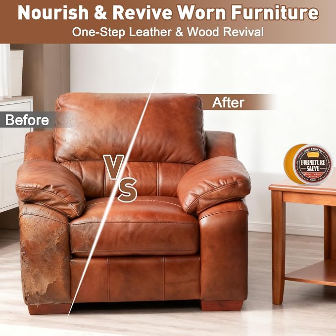 Furniture Salve for Leather & Wood, AHIER 4oz Professional Furniture Repair Salve Kit with Brush and Sponge Pad, Restore, Protect, Polish Conditioner for Couch, Chairs, Tables Leathers Cleaning