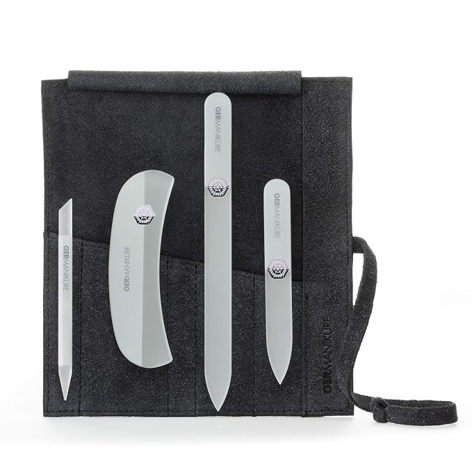 GERMANIKURE Gray Crystal Glass Nail File Set in Black Suede Case – Handmade in Czech Republic – Professional Manicure & Pedicure Supplies – Glass Cuticle Stick, Pusher, Moon File