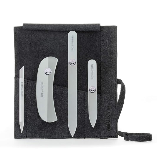 GERMANIKURE Gray Crystal Glass Nail File Set in Black Suede Case – Handmade in Czech Republic – Professional Manicure & Pedicure Supplies – Glass Cuticle Stick, Pusher, Moon File