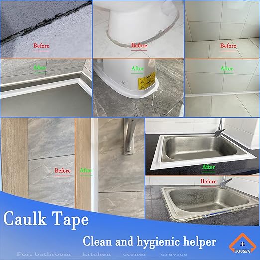 TOUSEA Professional Waterproof Caulk Strip - Self Adhesive White Sealing Tape for Toilet, Tub, Peel and Stick Backsplash Finisher - Renter Friendly, Easy Install