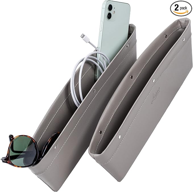 Lusso Gear Car Seat Gap Organizer - Pack of 2 - Prevents Items Falling & Seat Gap Filler - Universal Fit 0.5"-2" Slots & Automotive Use - Easy Clean Design for Auto Accessories - Gray Faux Leather