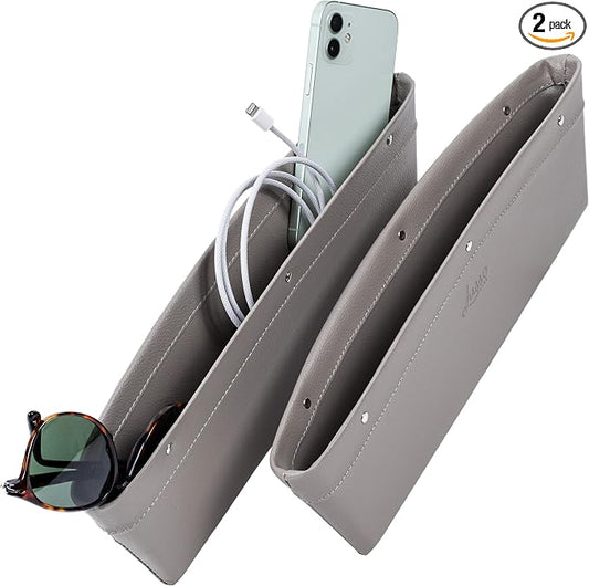 Lusso Gear Car Seat Gap Organizer - Pack of 2 - Prevents Items Falling & Seat Gap Filler - Universal Fit 0.5"-2" Slots & Automotive Use - Easy Clean Design for Auto Accessories - Gray Faux Leather