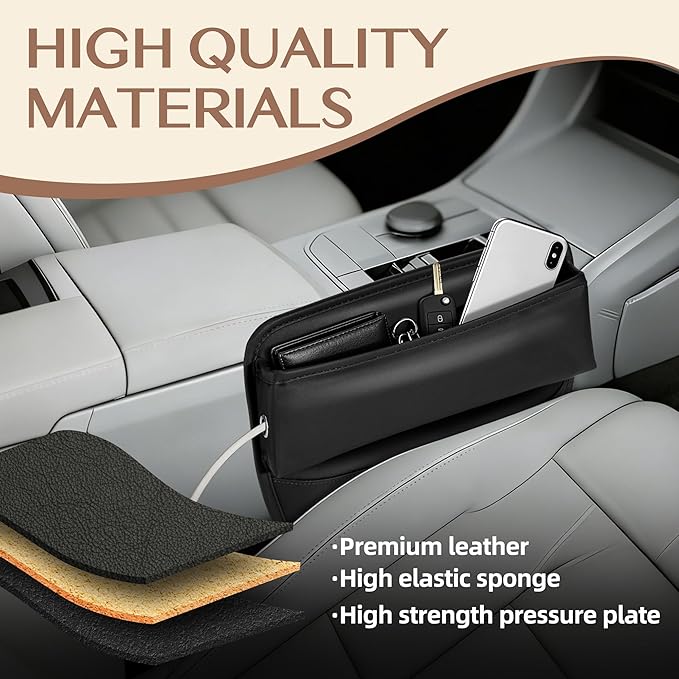 Car Seat Gap Filler with Cable Holes PU Leather Black 2-Pack | Car seat gap filler for 0.5 to 1.2 inch gaps with cable routing holes anti slip padded base phone wallet keys PU leather