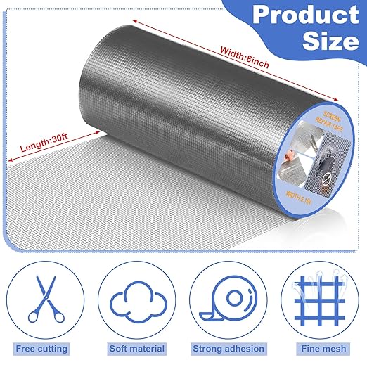 CroBlissful Extra Wide 8 inch x 30 ft Window Screen Tape Mesh Repair Strong Adhesive Waterproof Fiberglass Screen Repair Kit Patch for Window Door Tears Holes(Gray)