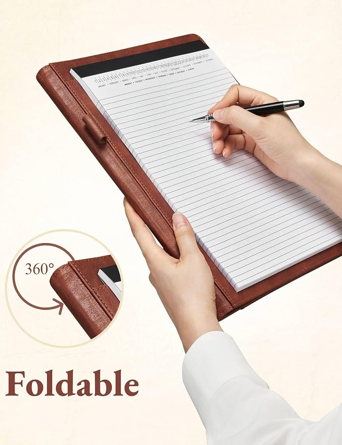 Mymazn Padfolio Portfolio Folder, Faux Leather Interview Resume Folder with Document Organizer & Business Card Holder, Letter-Sized Notepad Legal Pad Holder for Men Women (Dark Brown)