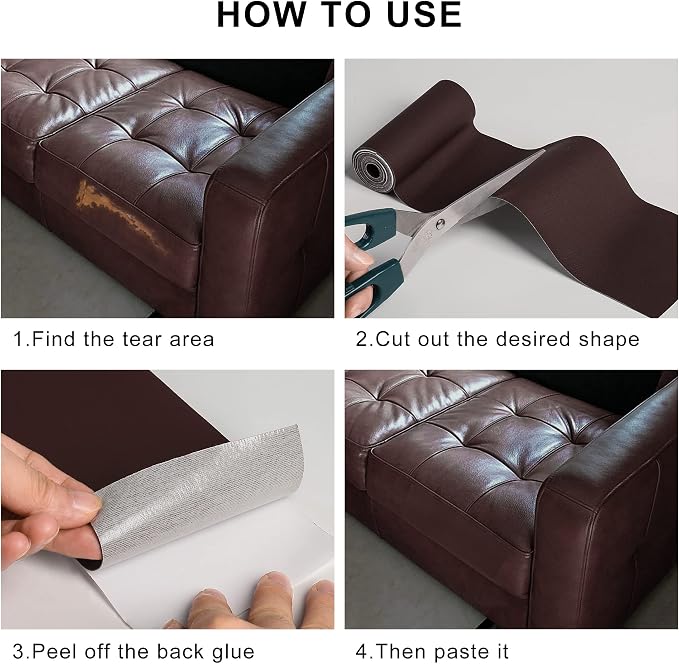 YAFLC Leather Repair Patch for Furniture, 4" x 63" Self Adhesive Leather Repair Kit Vinyl Repair Tape for Car Seat Sofa Jackets Couches Chair Dark Brown