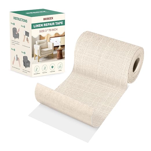Besezx Linen Fabric Repair Tape, 3x79 Inch Self Adhesive Repair Patches, Couch Fabric Tape for Furniture, Sofa, Chair, Upholstery.(Beige)
