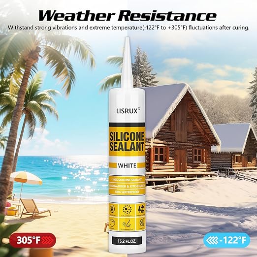 LISRUX Advanced Silicone Caulk for Window & Door, White, 15.2 fl oz Cartridge, 12 Pack - 100% Waterproof Silicone Sealant Indoor Outdoor Caulking, UV Resistant, Stronger Adhesion, Shrink & Crack Proof