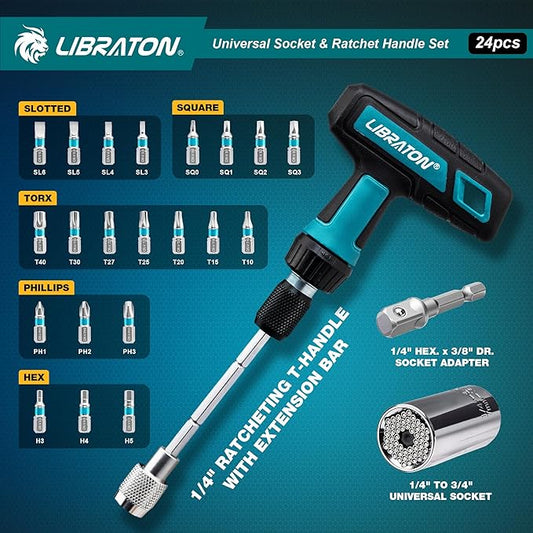 LIBRATON 24PCS Universal Socket & Ratchet T-Handle Screwdriver Set with Multi Bit Set, Magnetic Ratcheting Handle, Socket Adapter, with Storage Case, for DIY, Auto Repair